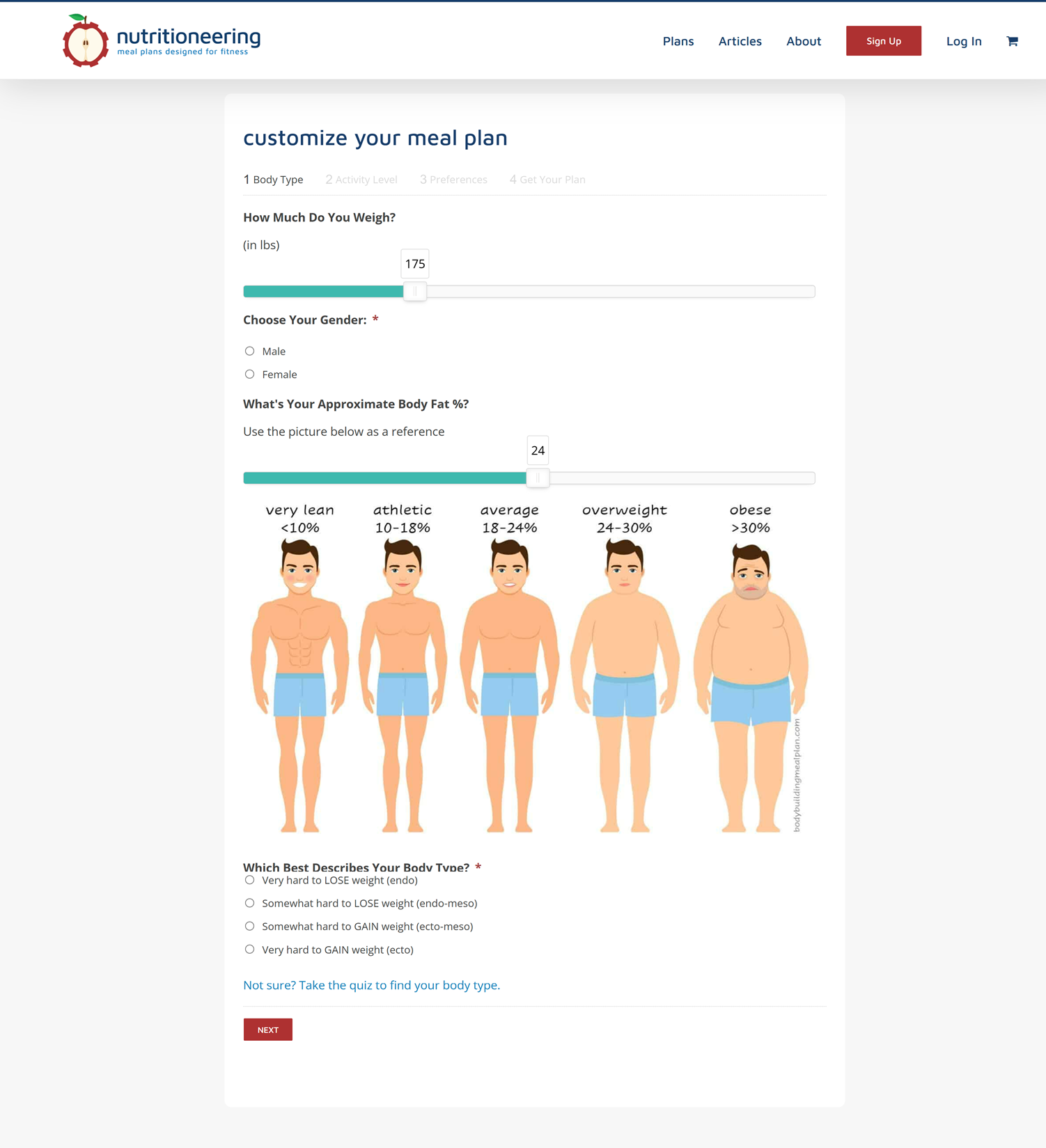 Interface utilisateur du calculateur de plans de repas personnalisé développée par 2410, avec références visuelles de masse grasse et curseurs responsives