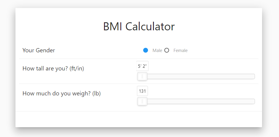 Interface du Calculateur d'IMC – comprend la sélection de genre, les curseurs de taille et de poids, et une interface épurée propulsée par Materialize.