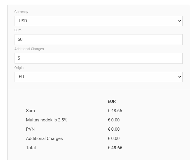 Interface utilisateur du calculateur de droits de douane affichant le montant converti et le calcul des taxes