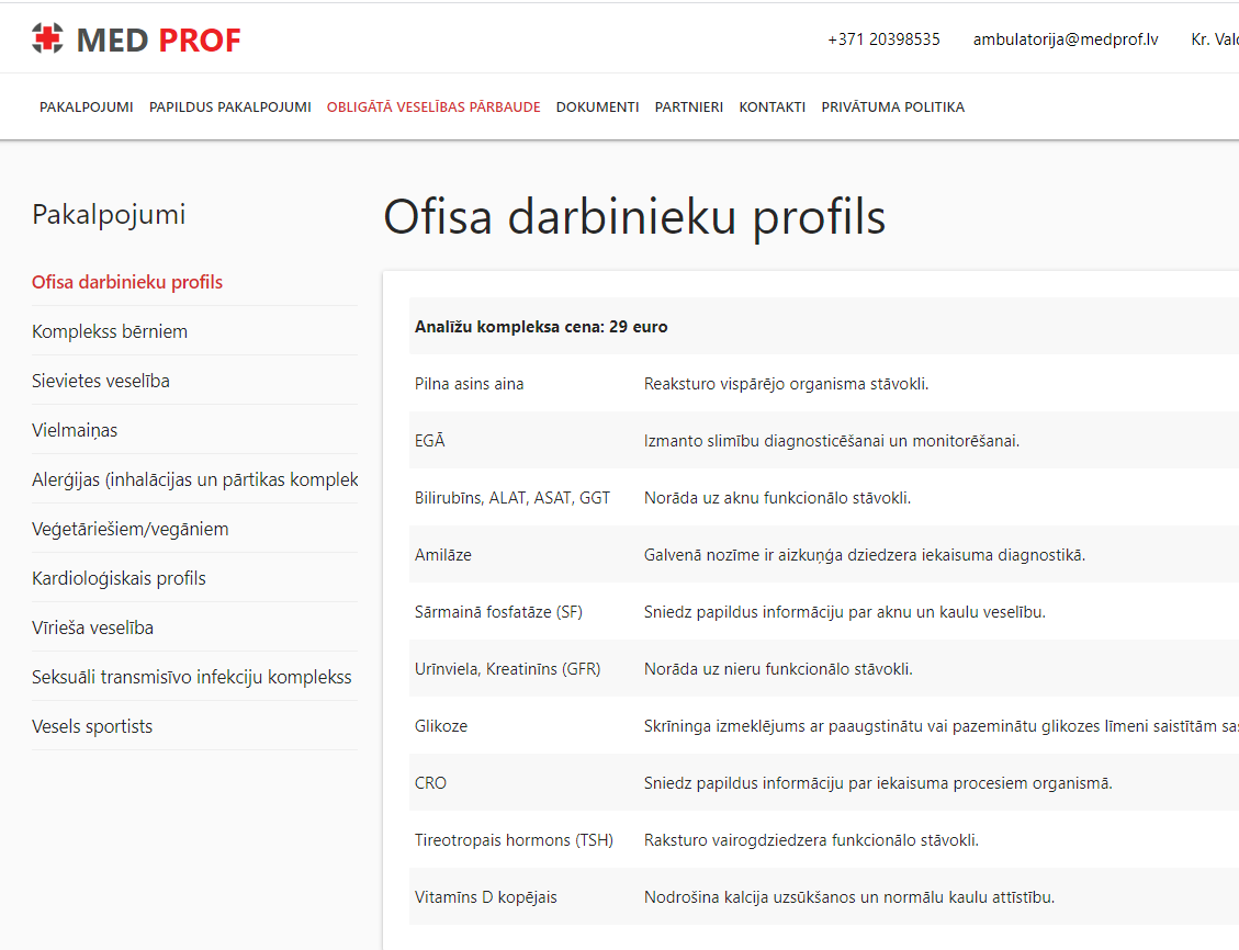 Page de service supplémentaire : Profil des employés du bureau avec des tests de laboratoire structurés et des descriptions.