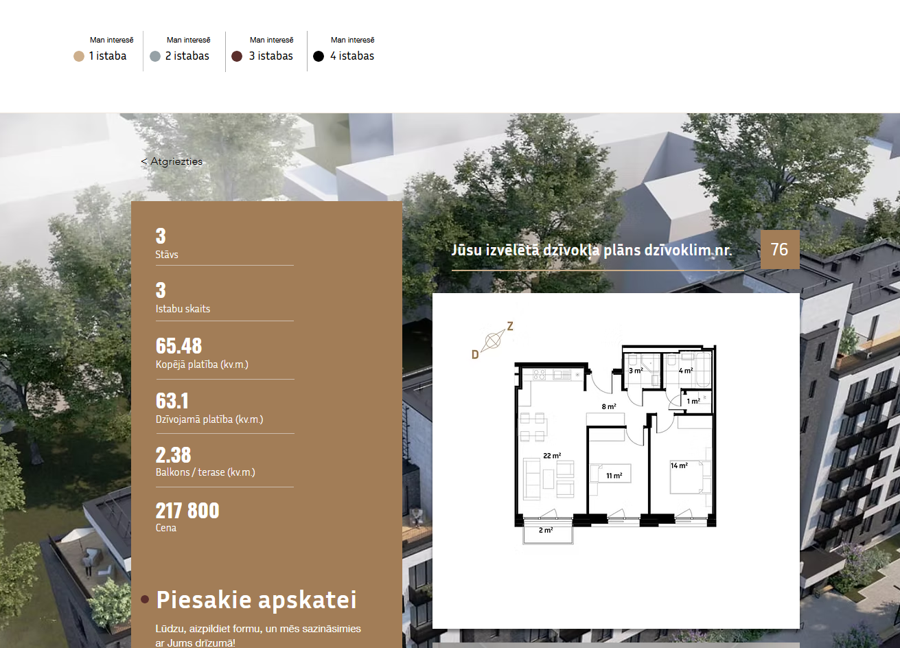Page d'appartement individuel montrant les spécifications complètes, le prix, le plan, et formulaire de demande.