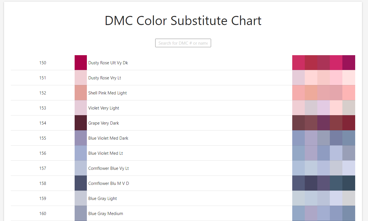 Tableau de substitution de couleur DMC – affiche des échantillons de couleur et des alternatives de noms pour les nuances DMC.