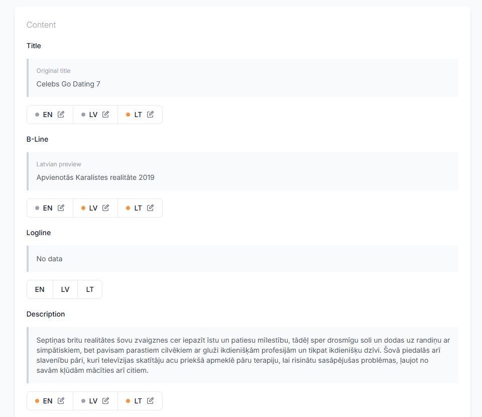 Panneau de métadonnées éditable avec traductions, étiquettes de genre et description complète d'une saison TV.