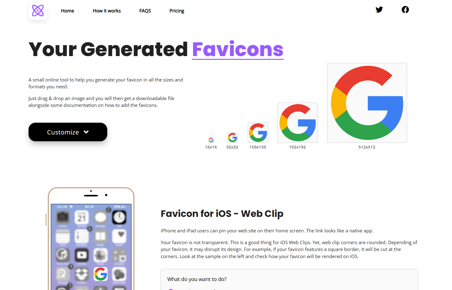 Page des résultats montrant les aperçus des favicons dans plusieurs résolutions et un aperçu en direct sur iOS.