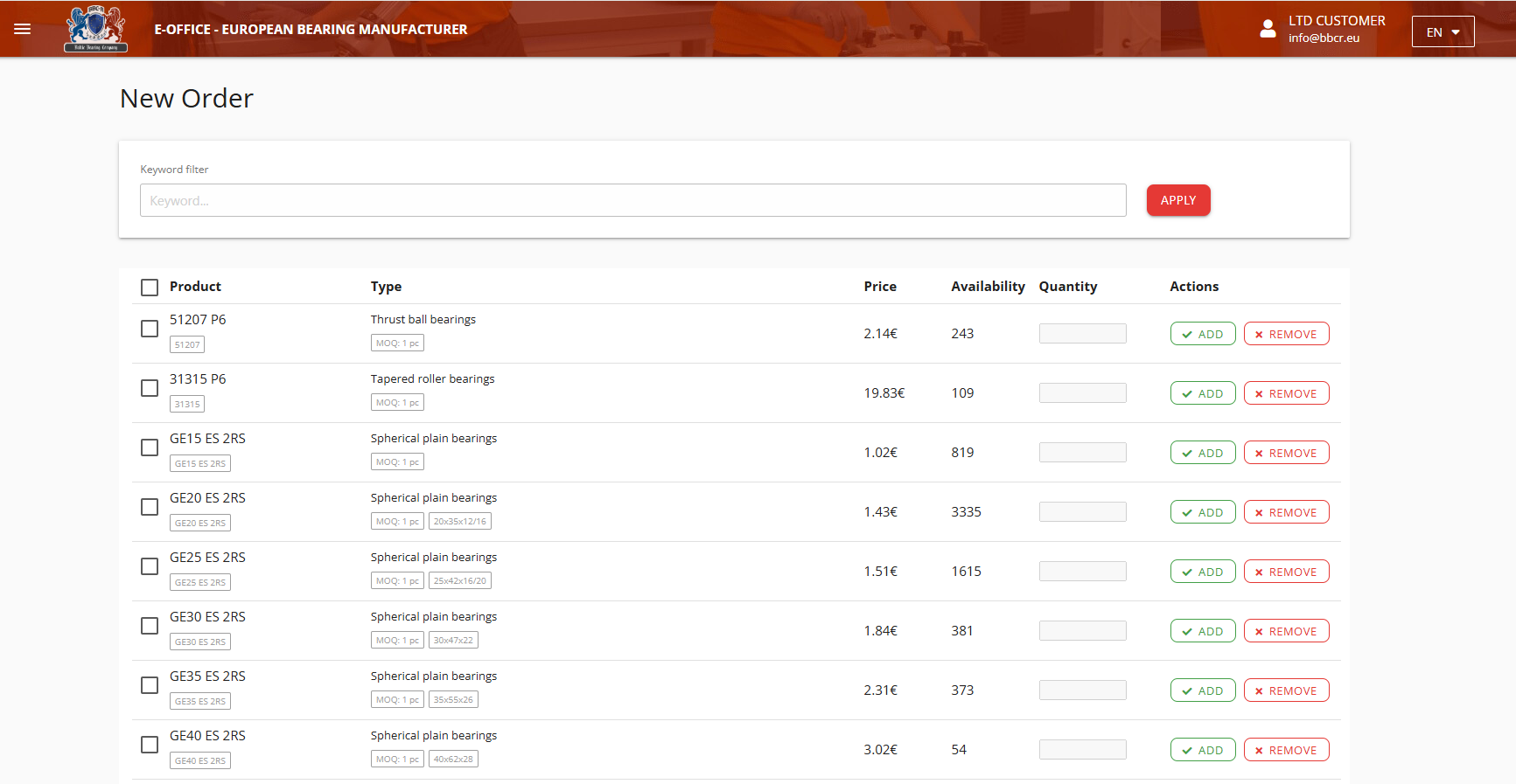 Interface de création de commande montrant le catalogue de produits, les prix et la disponibilité.
