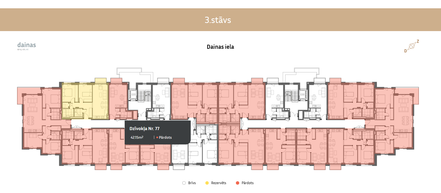 Plan d'étage détaillé avec info-bulle indiquant le statut et la taille des appartements.